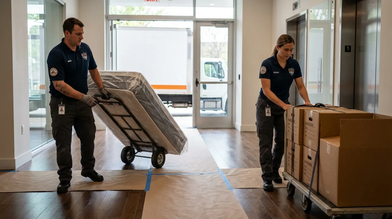 Professional apartment movers loading elevator in Chapin, SC